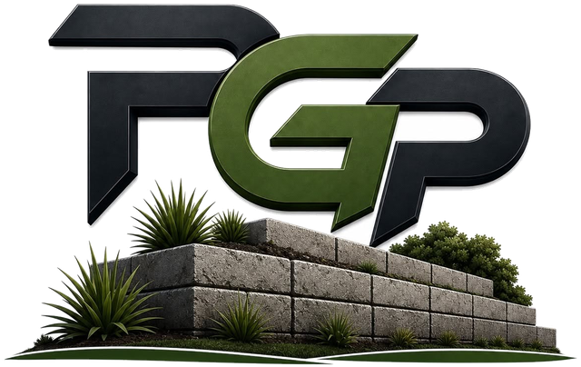 PrimeGround Projects logo — PGP monogram over a block retaining wall